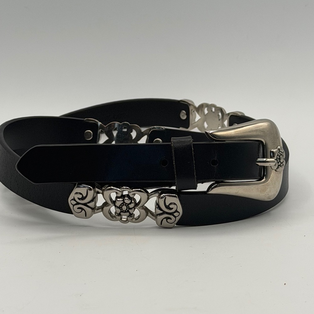 Western Filigree Belt Womens XL Black Leather Silver Tone Buckle Rodeo Cowgirl